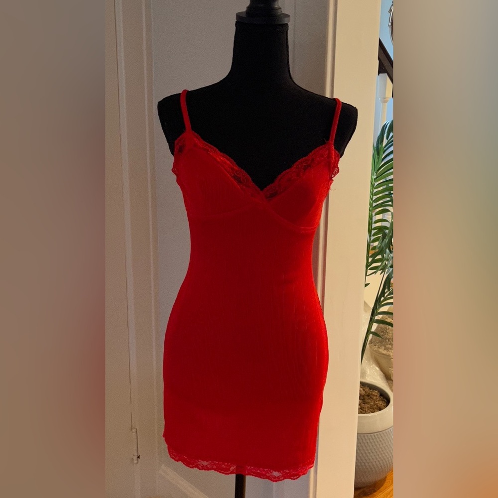 Urban Outfitters red mini dress small. Stretchy, lace. New with Tags, small flaw